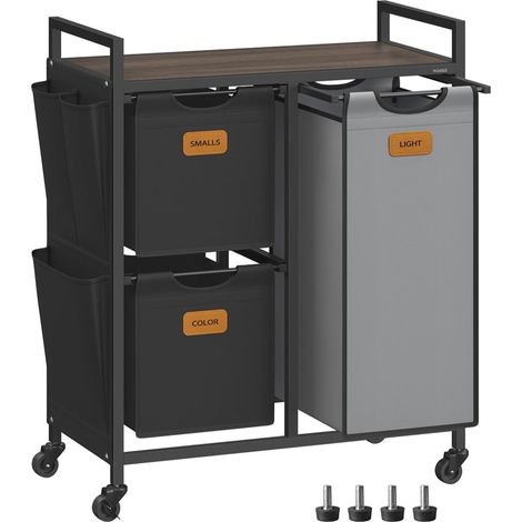 Cesto para ropa sucia con 3 compartimentos 68,6 x 33 x 80,5 cm capacidad de 100 litros con ruedas carrito con estantes bolsa bolsillos laterales 6 etiquetas beige gris natural 120006656