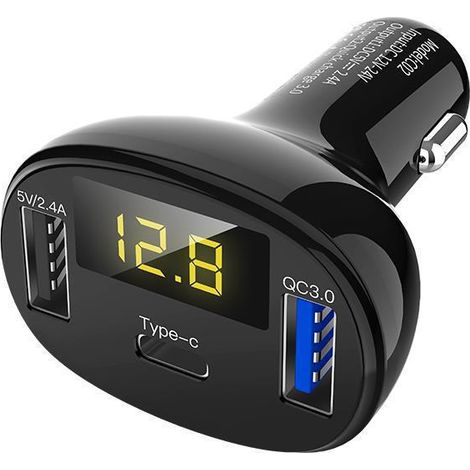 New car charger with digital display, QC3.0 fast charging, Type-C multi-functional car cigarette lighter adapter (one-to-two) (1/3)