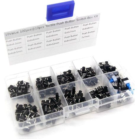 Interrupteur Tactile Micro - 100 Pièces - Contact Momentané - 50 mA - 12 V DC - Boîtier d'Assortiment - Noir (1/5)