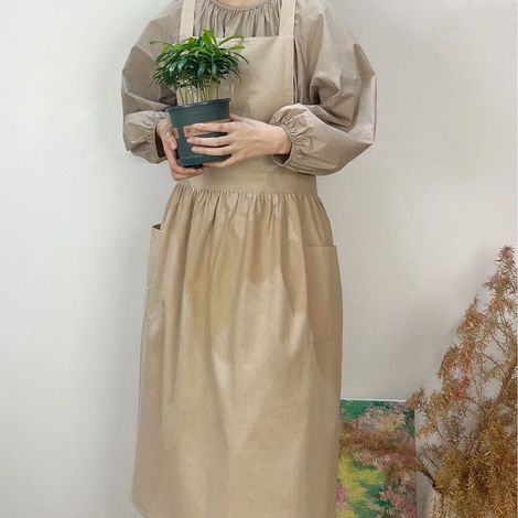 Pure Cotton Broderie De Grande Taille Longue Maison Cuisine Tablier Lait Tea Tea Shop Tablier de travail littéraire (Coffee) (1/4)