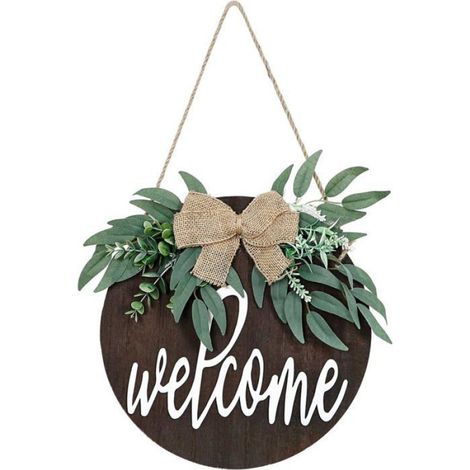 Panneau Bienvenue - Bois Rustique Rond - Eucalyptus Artificiel - Décoration Porte Entrée Porche Intérieur Extérieur - 30 x 30 x 1 cm - 1 Pièce (1/4)