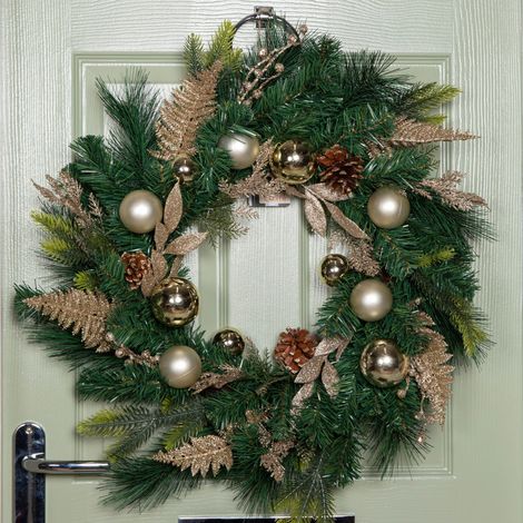 60cm Hanging Christmas Wreath with Gold Baubles, Pinecones & Glitter Berries (1/5)