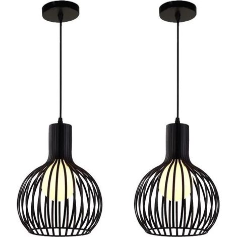 Fusion LOT DE 2 Lustre Réglable Vintage Suspension Filaire Noir Lampe Cage en Fer Industrielle (1/4)