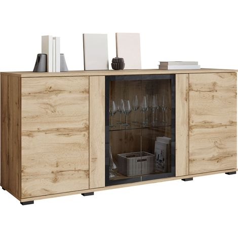 Aparador Torcame 102, Roble wotan, 70x150cm, Número de puertas: 040cm, Vidrio templado, Aglomerado laminado