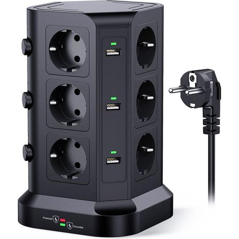 Tour multiprise parafoudre et surtension(4000W/16A), Multiprise Electrique avec 6 Ports USB et 12 Prises, multiprise avec et 3 Interrupteurs, 2M Cordon, Noir (1/5)