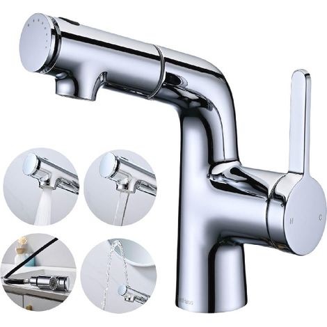 Mitigeur de lavabo avec douchette extractible – Finition chrome – 3 jets – Hauteur totale 177 mm – Installation monotrou sur plage (1/5)