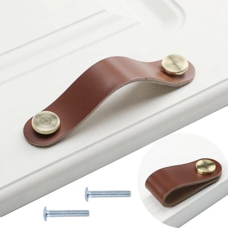 Poignées de placard en cuir, 4 poignées de style vintage pour meubles, boutons en cuir pour armoires de cuisine (1/5)