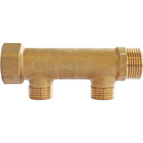 Somatherm For You – Collecteur laiton 2 départs Mâle 15/21 – Entrée Femelle 20/27 – Sortie Mâle 20/27 – Entraxe 50 mm – Pression 10 bar