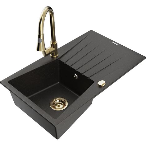 Mexen Cesar lavello in granito a 1 vasca con sgocciolatoio e rubinetto da cucina Elia, nero/oro metallizzato - 6514-75-670101-50 (1/5)