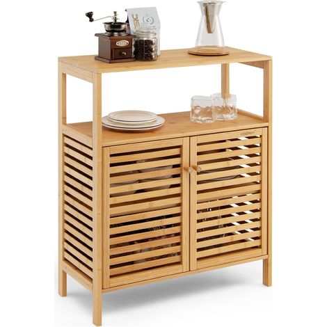 GOPLUS Meuble de Rangement au Sol en Bambou avec Portes à persiennes et étagères Ouvertes, 27.5P x 64l x 80H (1/5)