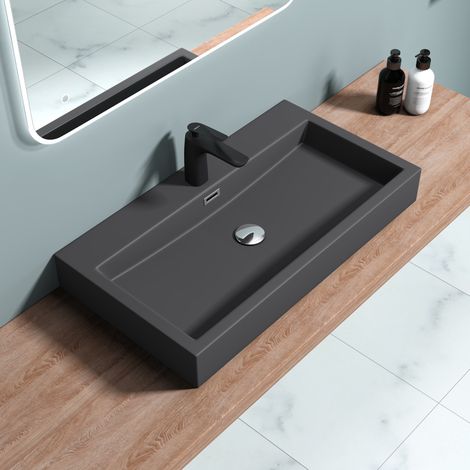 doporro® Lavabo sobre encimera Colossum06 lavabo suspendido de diseño de 76.5 cm en antracita mate lavamano de mármol fundido