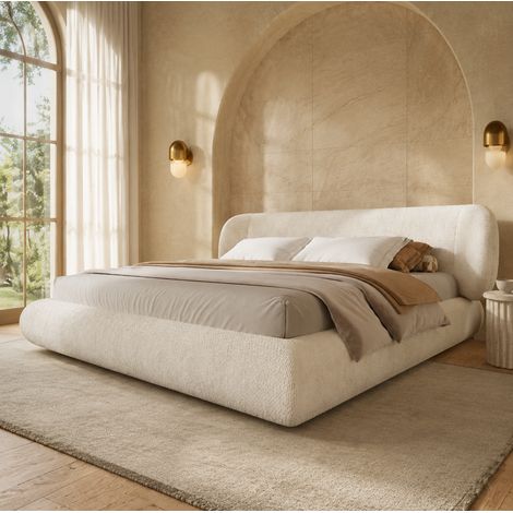 Etagenbett 160/200 cm Beige aus Chenille mit Lattenrost und gepolstertem Kopfteil (1/5)