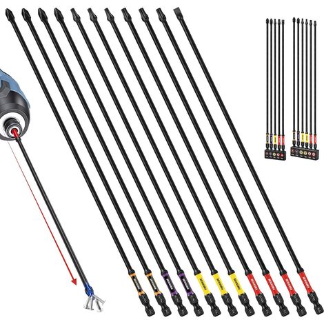 Set de 11 Embouts de Visseuse Résistants aux Chocs PH/PZ/Torx/SL, Longueur 300 mm, Tige Hexagonale 1/4", Acier Allié S2, Embouts Magnétiques, Code Couleur Ultra (1/5)