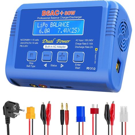 Lipo Chargeur 80 W 6 A – Chargeur d'équilibre pour Li-Ion, Life, NiMH, NiCd, LiHV, Pb  Chargeur de batterie RC avec adaptateur intégré  Chargeur d'équilibre Lipo pour Airsoft, voitures RC (1/5)