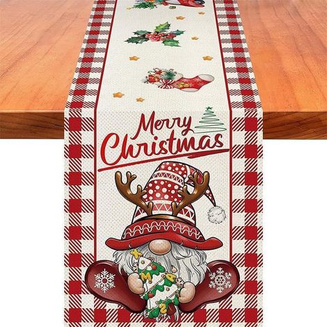 Père Noël sapin chaussettes bois flocon de neige piste, maison cuisine restaurant table décoration de Noël 33x91 cm (1/3)