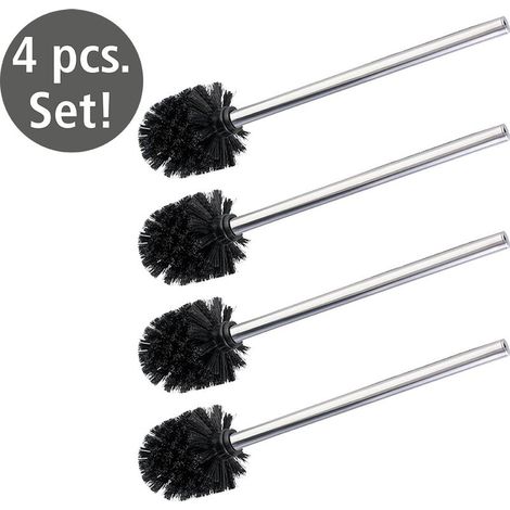 Lot de 4 brosses WC noires avec manche en acier inox – Poils en plastique hygiéniques – Tête remplaçable 8cm – Longueur 35cm