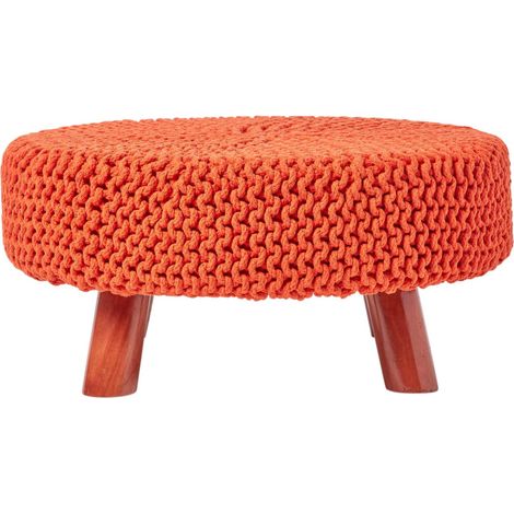 HOMESCAPES Burnt Orange Large Round Cotton Knitted Footstool on Legs