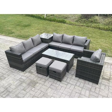 Fimous 9 Seater Rattan Corner Sofa Set With Square Side Table And Oblong Rectangular Coffee Tea Table Arm Chair 2 Stools Dark Grey Mixed (1/5)