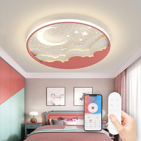 Plafonnier LED Chambre Enfant, Moderne Créative Étoile Et Lune Lampe De Plafond, Lampe Plafond avec Dimmable Télécommande 3000-6000K, Garçons Et Filles Chambre Enfants Lumière Éclairage, Rose (1/5)