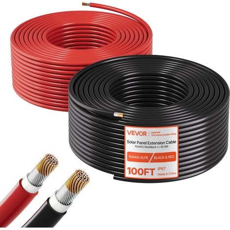 Rallonge Panneau Solaire 6 mm² Câble d'Extension de Panneau Solaire 30,5 m Noir 30,5 m Rouge pour Systèmes Photovoltaïques Extérieurs, Camping-cars, Bateaux, Fil de Cuivre Étamé, Étanche IP67 (1/5)