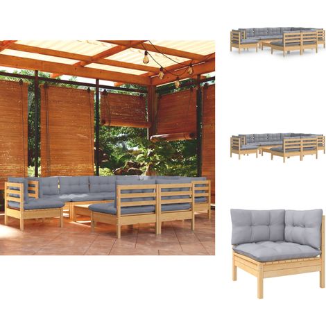 Gartenmöbel-Sets - Living 10-tlg. Garten-Lounge-Set mit Grauen Kissen Kiefer Massivholz (1/5)
