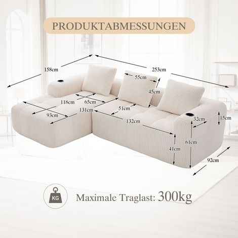 Canapé modulable beige en velours côtelé, moelleux avec poche latérale et porte-gobelet. Haut confort pour longues assises, 3 coussins inclus. Idéal salon, bureau. (1/4)