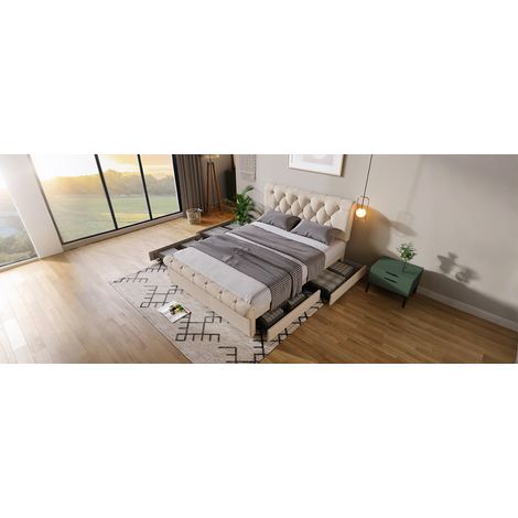 Cama tapizada 140x200 cm de madera y metal, natural, con 4 cajones, sin colchón – MEUBLIV (1/5)