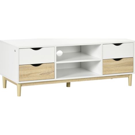Meuble TV moderne avec étagères et 4 tiroirs pour TV jusqu'à 55 pouces 120x40x44,5 cm en blanc et chêne (1/5)