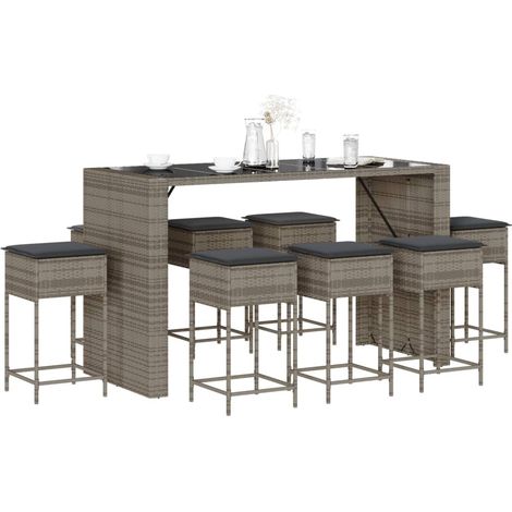 9-tlg. Gartenbar-Set mit Kissen Grau Poly Rattan