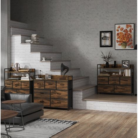 Cassettiera a 7 cassetti in tessuto, MDF e acciaio, 98 x 29 x 85 cm, marrone DESVIAE (1/5)