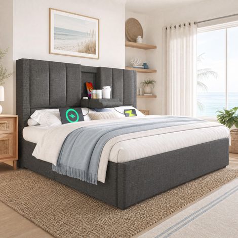 Letto contenitore 140x190 cm con USB, porta Type-C e portabicchieri grigio HAVRYA (1/5)