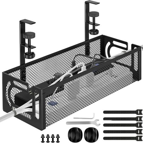 Goulotte de gestion des câbles pour bureau, sans perçage, organisateur de câbles en maille métallique avec fixation par clip pour bureau à domicile et bureau assis-debout (1 pièce, noir) (1/5)