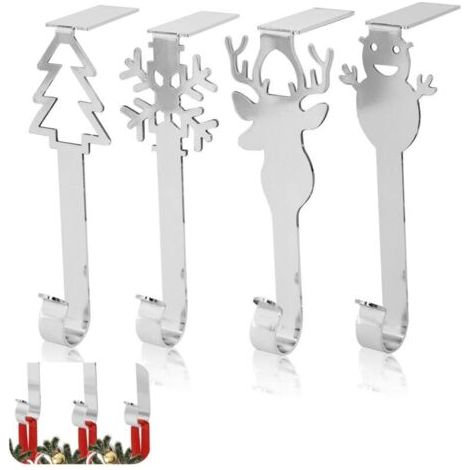Porte-bas de No毛l Lot de 4 Cintres pour Bas de No毛l pour Chemin茅e Crochets de Guirlande de No毛l Crochets de Chemin茅e pour D茅coration de No毛l Clips de Bas Silver (1/4)