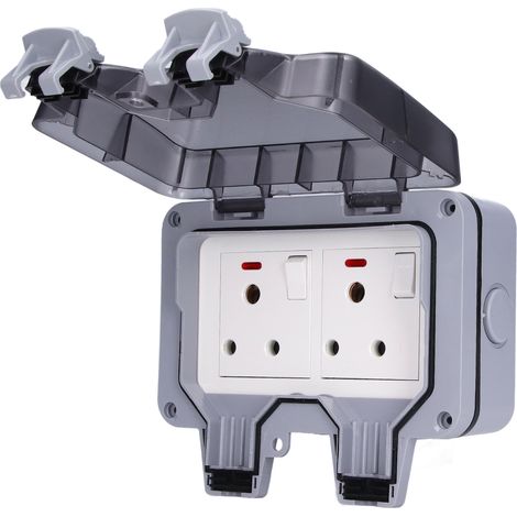 Boîtier de protection IP66 pour prise extérieure étanche aux intempéries, Afrique du Sud, avec interrupteurs et voyants lumineux.