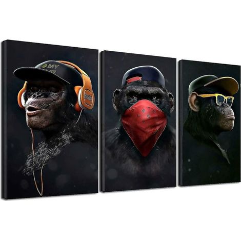 Impression sur toile singes sages – Décoration murale moderne 30 x 50 cm – Impressions anti-décoloration – Lot de 3 pièces