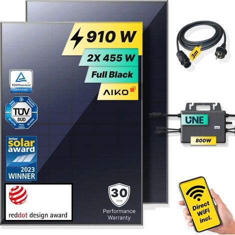 ROBINSUN®️ Kit Solar Enchufable Performance Basic (Sin Fijación) 910 Wp, 2 paneles Aiko 455Wp + 1 Microinversor 800W con Wifi incluído + Cable 3m (1/5)