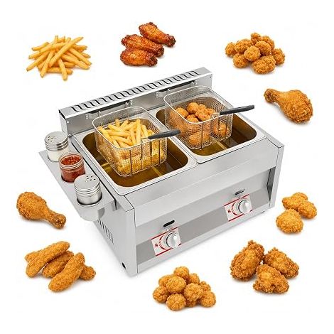 Friteuse à gaz, 60,3 x 46 x 33,5 cm, double réservoir commercial, en acier inoxydable, friteuse professionnelle avec paniers filtrants, couvercle, zones froides, pour restaurant, snack-bar, apéritifs (1/5)