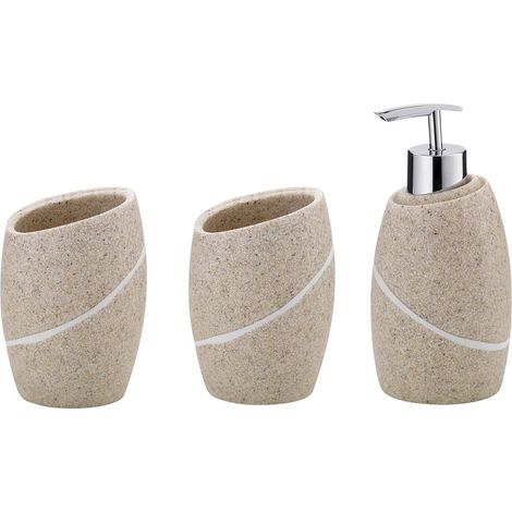 Ensemble de Salle de Bain 3 pièces Talus, Aspect Pierre Naturelle, gobelet, Porte-brosses à Dents, Distributeur de Savon 300 ML, Accessoires de Salle de Bain Beige