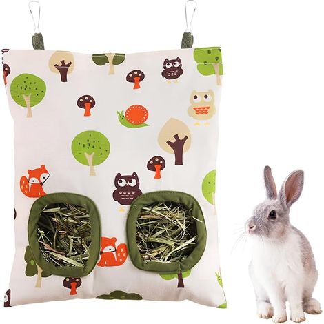 Sac à foin suspendu, ratelier foin lapin, filet à foin, accessoire foin, station de nourriture pour cochon d'Inde, chinchilla, lapin, hamster et autres petits animaux(A, 2 trous) (1/5)