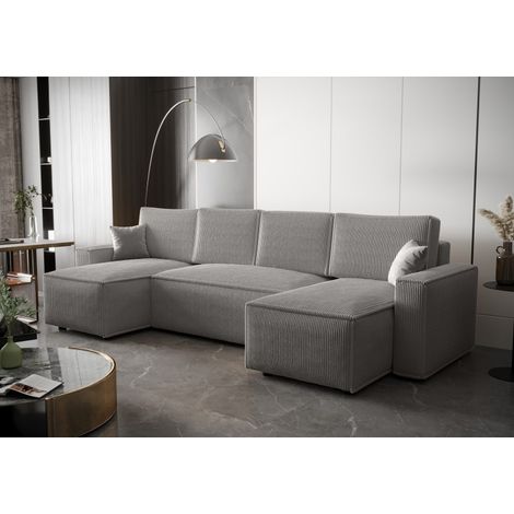 Canapé panoramique convertible AMBRI en velours côtelé – 6 places - 300 cm - Gris (1/5)