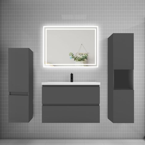 Ensemble meuble de salle de bains 80cm, simple vasque et colonne et LED miroir,anthracite