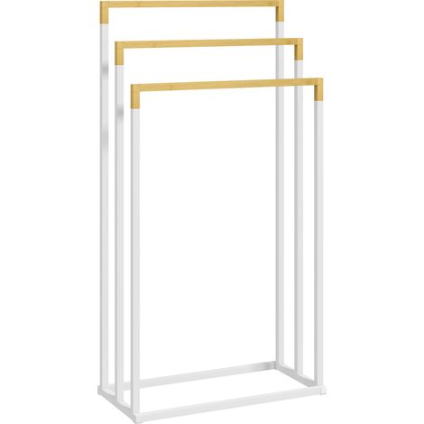 Porte-serviettes sur pied en bambou et métal blanc avec 3 barres pour salle de bain (1/5)
