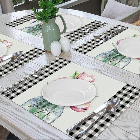 Ensemble de 4 sets de table printaniers à carreaux noirs et blancs, motif floral, en similicuir, lavables, antidérapants, résistants à la chaleur et faciles à nettoyer, motif tulipe rose. (1/4)