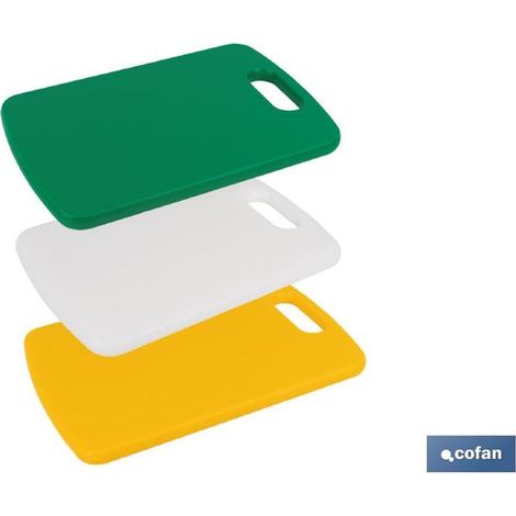 Planche à découper rectangulaire jaune 30x20 cm, polyéthylène haute densité, compatible lave-vaisselle.