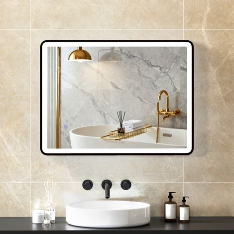 Miroir de salle de bain LED, antibuée, miroir de maquillage à intensité variable avec éclairage, 80 x 60 cm, cadre noir