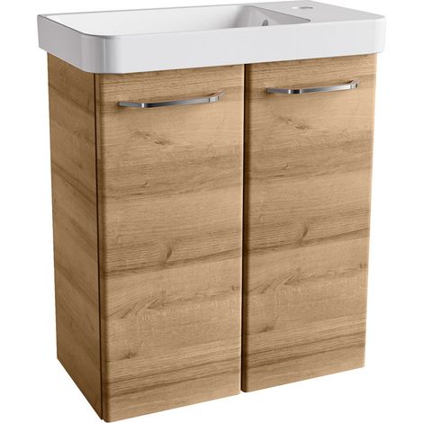 FACKELMANN MILANO Gäste WC Set 2 Teile / Waschbecken / Waschbeckenunterschrank mit 2 Türen / Badschrank mit Soft-Close / Badmöbel Set fürs kleine Bad / Korpus & Front: Braun hell / Breite: 55 cm"-"062 (1/7)