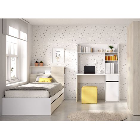 DEKIT GRUPO RIMOBEL TEN PACK - CONJUNTO DE CAMA CON CABEZAL T ARRASTRE, MESA ESCRITORIO CON ALTILLO Y ARMARIO DE 2 PUERTAS - BLANCO / NATURAL (1/5)
