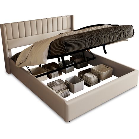 CHICFURN Cama abatible tapizada 180x200 cm con gran arcón, cabecero acolchado y base hidráulica, diseño moderno en tela beige, ideal para dormitorio elegante y ordenado (1/5)