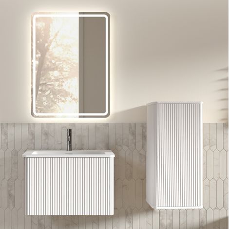 Badmöbel mit LED-Spiegel, hängender Waschtischunterschrank 60 cm und Hochschrank, Weiß HAVRYA (1/5)
