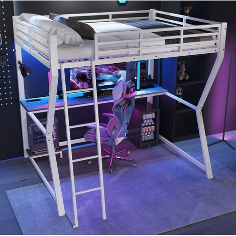 Cama alta dormitorio con escritorio LED USB blanca OKMYHOME (1/5)